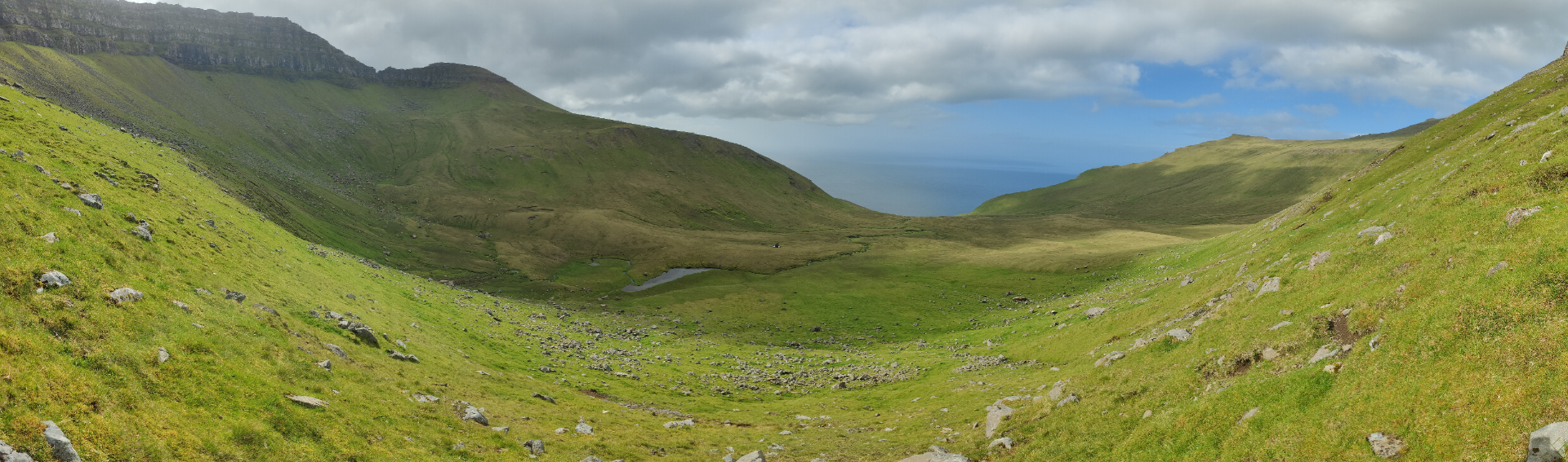 A wide glacial valley in the Faroe Islands with basalt walls opening toward the sea