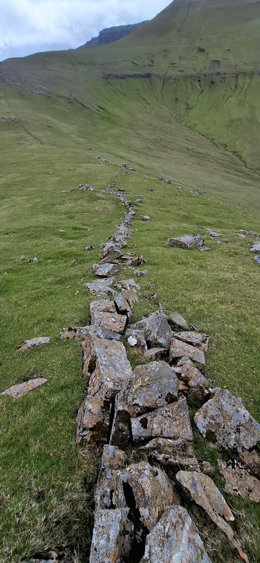 An old dry stone boundary wall running up a green Faroese mountainside
