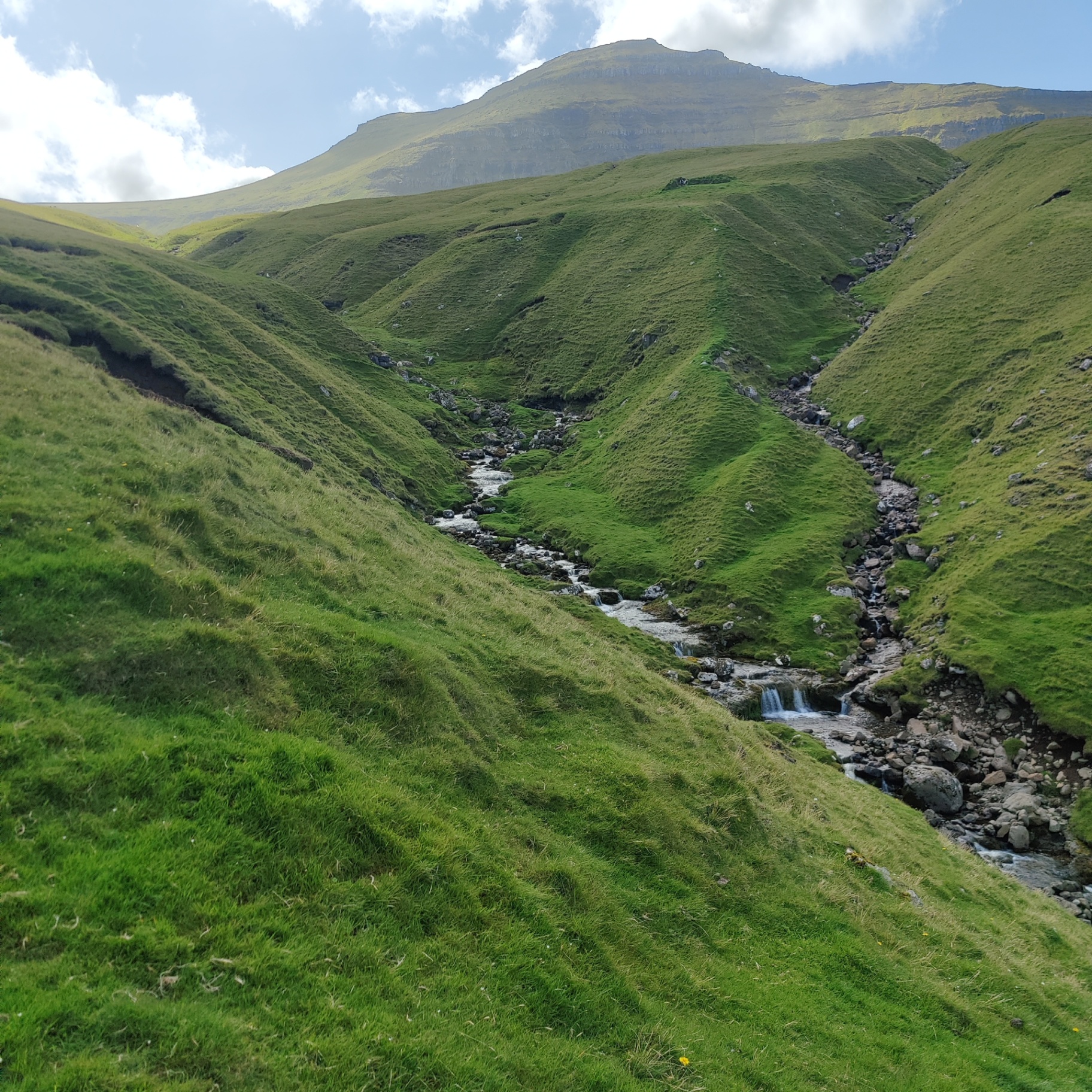 A steep green Faroese gorge with a stream stepping down toward the valley floor
